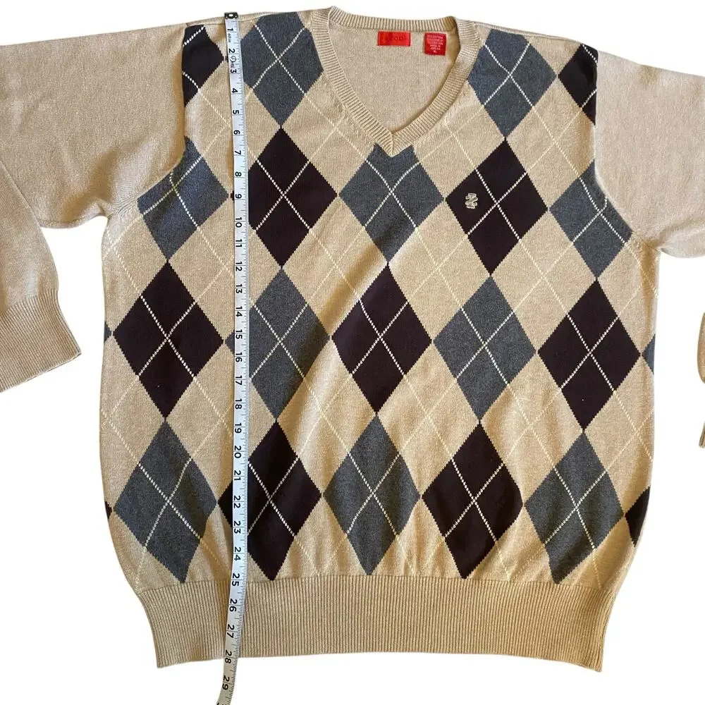 Vintage 90s Y2K Izod Diamond V-Neck Beige Sweater Size XL 100% Cotton Preppy